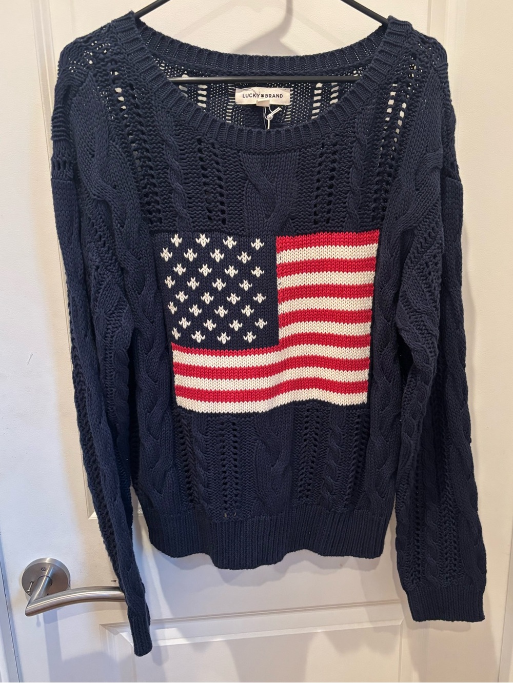 NWT Lucky Brand Navy Cable Knit American Flag sweater - L